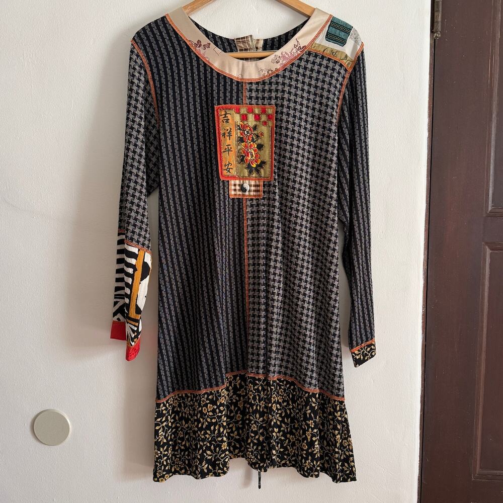 FAITH Art to wear Mixed Media Boho Beaded Long Sleeve Dress Medium